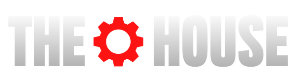 The House logo centered on a solid white background, featuring the words 'THE HOUSE' in a light gray gradient with a bright red gear icon replacing the letter 'O'.